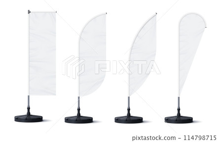 Realistic banner stand and beach flags for outdoor advertising, vector blank mockups. Beach flag banners, feather, bow or teardrop and rectangle shape stands on poles for ad promotion display 114798715