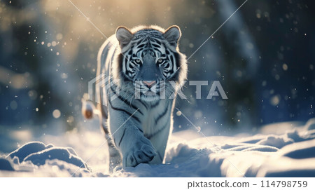 A white bengal tiger cat among snowflakes A white bengal tiger cat among snowflakes 114798759