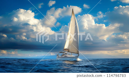 Sailboat in the sea in the evening sunlight, luxury summer adventure, active vacation in Mediterranean sea 114798783
