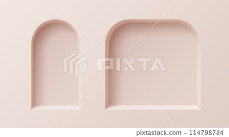 3D wall arch niches or gallery display frames and showcase boxes, vector empty shelf. Arc niche shelves inside of pink wall, exhibition show racks and boutique shop display of arch niches 114798784