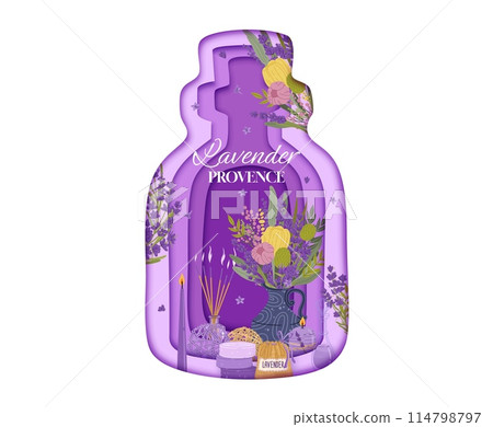 Lavender cosmetic oil paper cut banner for Provence skincare products, vector label. Lavender cosmetics emblem in paper cut essential oil bottle with flowers, aromatherapy candle and soap for skincare 114798797