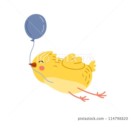 Cute chick baby bird cartoon character soars through the sky by a balloon, exudes joy, fun and innocence. Isolated vector funny little hen personage ready for spring Easter holiday celebration Cute chick baby bird cartoon character soars through the sky by a balloon, exudes joy, fun and innocence. Isolated vector funny little hen personage ready for spring Easter holiday celebration 114798820