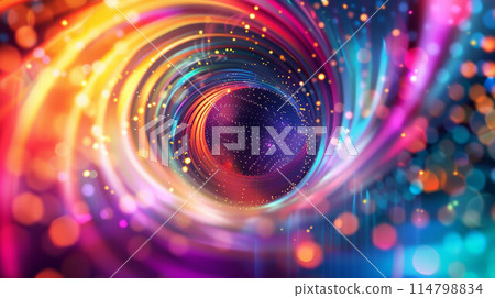 abstract dark background of light with stripes of colorful rays moving from the center 114798834