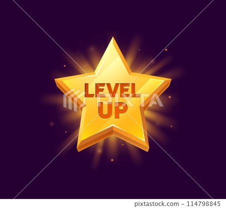 Level up rank star, game reward, rate icon. Isolated cartoon vector golden glowing pop up badge, award ui medal, shiny rank achievement. Rating bonus star, winner or champion tournament appreciation Level up rank star, game reward, rate icon. Isolated cartoon vector golden glowing pop up badge, award ui medal, shiny rank achievement. Rating bonus star, winner or champion tournament appreciation 114798845