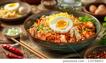 Schezwan Noodles or vegetable Hakka Noodles or chow mein is a popular Indo-Chinese recipes, served in a bowl or plate with wooden chopsticks. selective focus 114798853