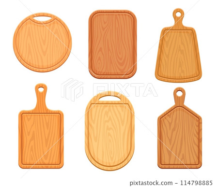 Wooden kitchen chopping boards. Vector set of cutting boards of different shapes and sizes. Made of high-quality wood grain with distinct patterns. Round, rectangular tray, a paddle-shaped utensils Wooden kitchen chopping boards. Vector set of cutting boards of different shapes and sizes. Made of high-quality wood grain with distinct patterns. Round, rectangular tray, a paddle-shaped utensils 114798885