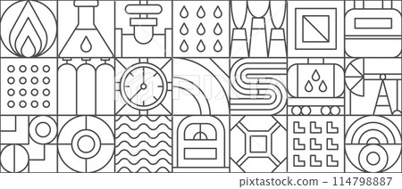 Gas and oil abstract modern geometric pattern with line tiles, vector background. Oil and gas industry geometric pattern of mosaic grid with oil factory, fuel or petroleum plant, pipeline and gasoline 114798887