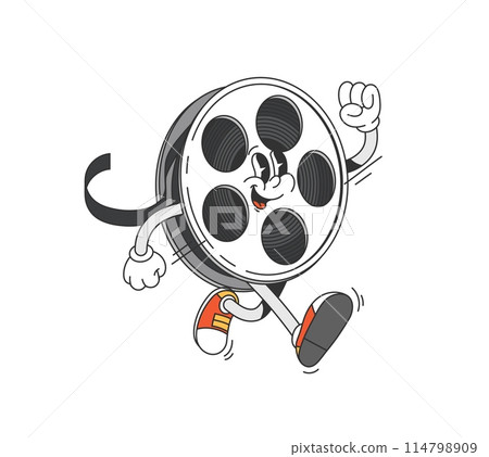 Groovy movie film character. Isolated cartoon vector classic filmstrip reel cinema personage with smiling face and animated limbs, wearing sneakers, carefree walking and striking dynamic, joyful pose 114798909