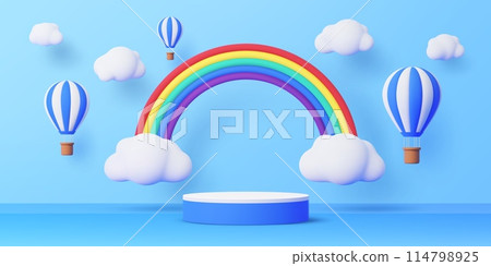 Kids podium with hot air balloons, sky clouds and rainbow. 3d vector summertime background in cute childish toy style with round stage or pedestal under blue cloudy sky with floating air balloons 114798925