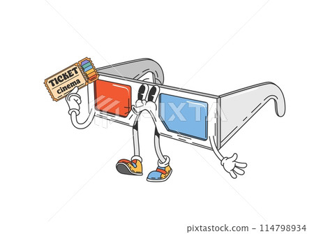 Groovy 3d cinema glasses character. Isolated cartoon vector relaxed eyewear personage holding a movie ticket, with a laid-back posture and colorful sneakers, encapsulates the fun of going to the movie Groovy 3d cinema glasses character. Isolated cartoon vector relaxed eyewear personage holding a movie ticket, with a laid-back posture and colorful sneakers, encapsulates the fun of going to the movie 114798934