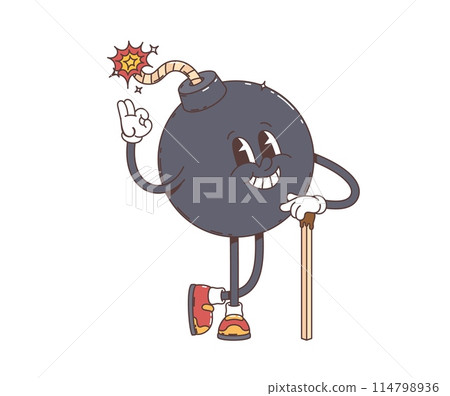 Groovy retro cartoon bomb character with funky face and happy smile, vector 70s art. Groovy funny TNT bomb or cannonball with sparkling fuse and match, silly happy smile for explosive emoji emoticon Groovy retro cartoon bomb character with funky face and happy smile, vector 70s art. Groovy funny TNT bomb or cannonball with sparkling fuse and match, silly happy smile for explosive emoji emoticon 114798936