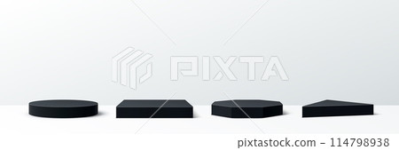 Black base podium. Realistic 3d vector geometric platforms of round, square, hexagonal and triangular shapes. Studio background with modern minimal stages for product display, presentations or exhibit Black base podium. Realistic 3d vector geometric platforms of round, square, hexagonal and triangular shapes. Studio background with modern minimal stages for product display, presentations or exhibit 114798938