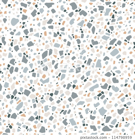 Terazo marble stone seamless pattern. Ceramic stone background. Gray or beige terrazzo mosaic tile, terazzo marble floor, terrazo texture. Vector repeated ornament with colorful chips within a surface 114798959
