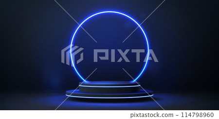 Podium stage with neon glow frame. 3d vector background with realistic circular pedestal illuminated with blue light border. Empty glowing scene for product presentation, fashion show performance 114798960