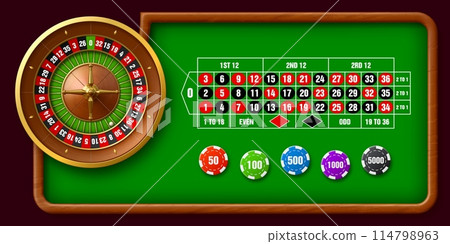 Casino roulette table. Vector gamble game background with spinning roulette wheel with alternating red and black numbered slots, green betting mat with wagering options, and chips indicating values 114798963