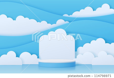 Podium with paper cut clouds. Round blue and white stage. 3d vector realistic platform or pedestal mockup for products displaying. Cloudy studio sky showcase background for cosmetics presentation 114798971