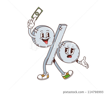 Retro groovy percent sign character showcasing contrasting emotions between happy and sad expressions while holding a money bill. Isolated cartoon vector percentage, financial personage in y2k style Retro groovy percent sign character showcasing contrasting emotions between happy and sad expressions while holding a money bill. Isolated cartoon vector percentage, financial personage in y2k style 114798993