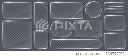 Glass light frames and borders. Realistic 3 vector transparent glass or plastic plaques in shape of rectangle, square, circle and elongated oval. Isolated set of glowing, glossy screens or billboards 114799011