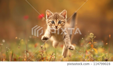 Funny cat flying in the air in autumn 114799028