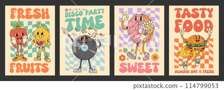 Groovy posters with retro cartoon characters of cute fruits, burger, donut and vintage vinyl record. Strawberry, lemon, cheeseburger, music record and donut vector personages on psychedelic background 114799053