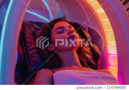 Young woman relaxing on the massaging chair at home Young woman relaxing on the massaging chair at home 114799066
