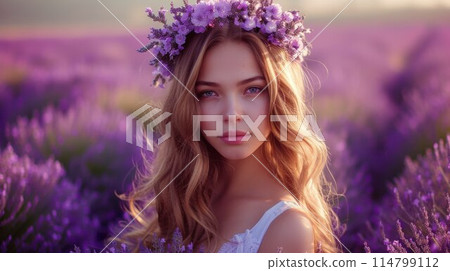Beautiful girl in lavender wreath and retro dress on the lavender field. Beautiful woman in the lavender field on sunset in France Beautiful girl in lavender wreath and retro dress on the lavender field. Beautiful woman in the lavender field on sunset in France 114799112