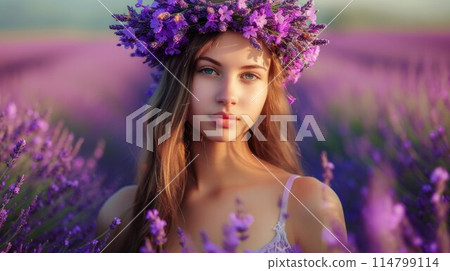 Beautiful girl in lavender wreath and retro dress on the lavender field. Beautiful woman in the lavender field on sunset in France 114799114