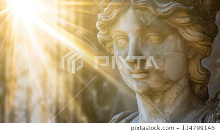 Close up of ancient statue wonderful in the rays of the sun. Architecture, archetype, religion, faith concept 114799146