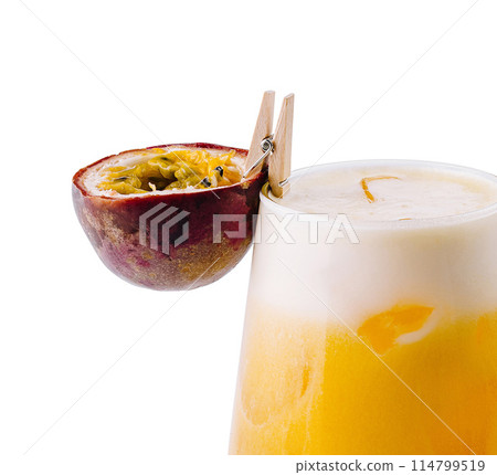Fresh passion fruit cocktail isolated on white Fresh passion fruit cocktail isolated on white 114799519
