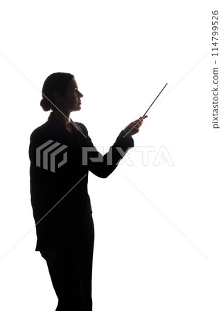 Young woman in suit shows pointer forward, side view - silhouette 114799526