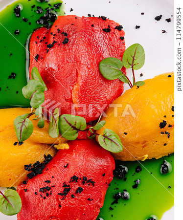 Colorful bell peppers with fresh herbs and oil dressing 114799554