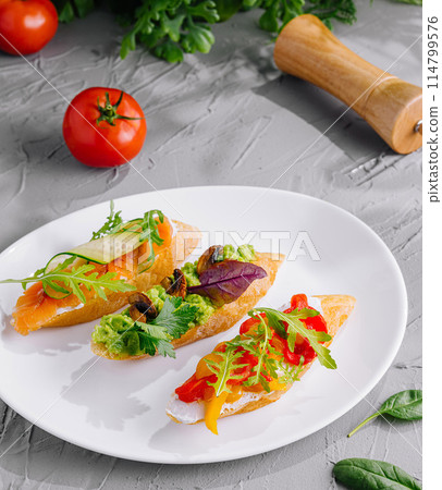 Gourmet bruschetta trio on elegant plate Gourmet bruschetta trio on elegant plate 114799576
