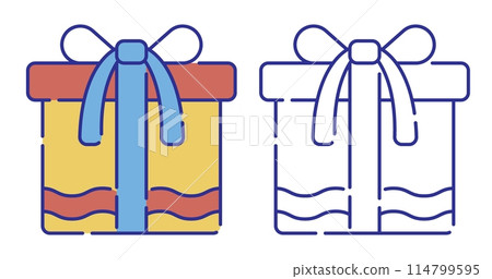 Thin line stroked color icon. Gift festive box with bow on top. Gifts and surprises for jubilee or birthday. Simple vector isolated on white background Thin line stroked color icon. Gift festive box with bow on top. Gifts and surprises for jubilee or birthday. Simple vector isolated on white background 114799595