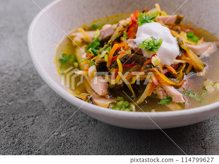 Traditional mexican sopa azteca in a white bowl Traditional mexican sopa azteca in a white bowl 114799627
