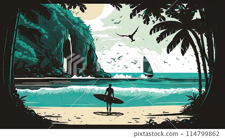Tropical background with beach, ship and birds on background, ai generated illustration. Surfing sport activity, man with surf board at sea coast line, mountain view Tropical background with beach, ship and birds on background, ai generated illustration. Surfing sport activity, man with surf board at sea coast line, mountain view 114799862
