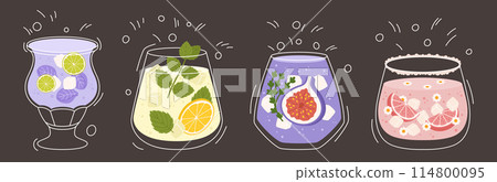 Collection with different taste lemonade, various of glasses shapes. Lemon, mint, fig fruit, strawberry and grapefruit, lime, petals. Vector illustration in outline and flat color on dark background Collection with different taste lemonade, various of glasses shapes. Lemon, mint, fig fruit, strawberry and grapefruit, lime, petals. Vector illustration in outline and flat color on dark background 114800095