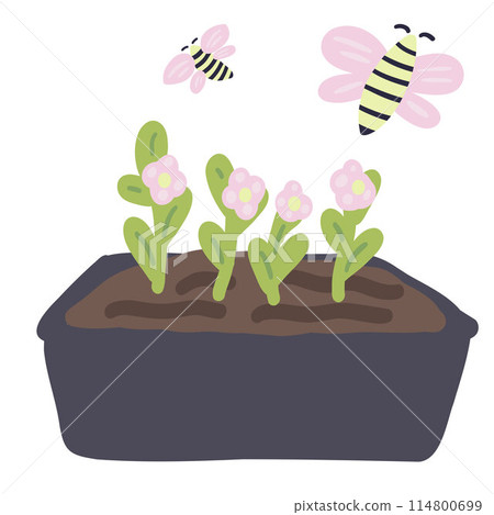 Grow your own flowers in a pot and bees green and pink flat design 114800699