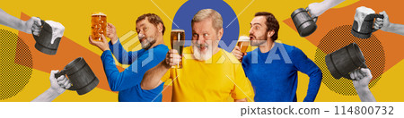 Creative colorful collage. Men drinking delicious beer against abstract bright background. Traditional taste of alcohol drink. Creative colorful collage. Men drinking delicious beer against abstract bright background. Traditional taste of alcohol drink. 114800732