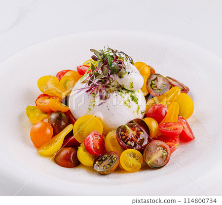 Gourmet burrata cheese salad on white plate Gourmet burrata cheese salad on white plate 114800734