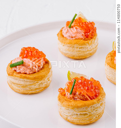 Elegant salmon tartare appetizers on white plate Elegant salmon tartare appetizers on white plate 114800750