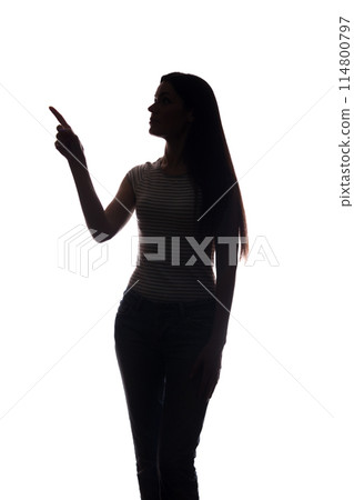 Young woman in suit shows his index finger forward 114800797