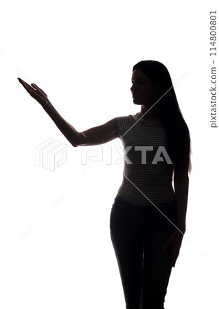 Young woman in suit shows his index finger, hand forward 114800801