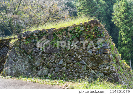 View of the stone wall of the Mino Kanayama Castle rice storehouse ruins 114801079