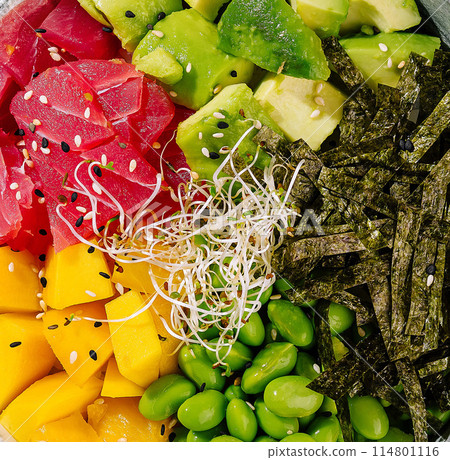 Colorful poke bowl macro background Colorful poke bowl macro background 114801116