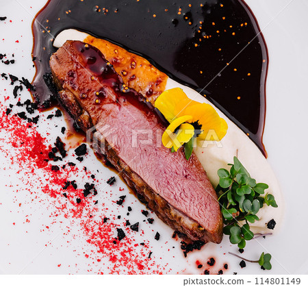 Gourmet duck breast dish with artistic plating Gourmet duck breast dish with artistic plating 114801149