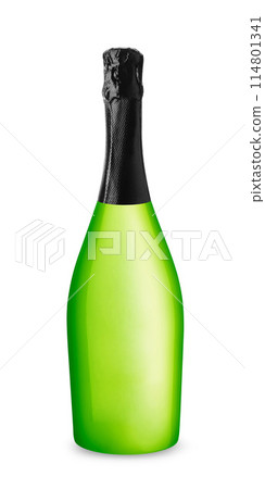 Isolated green champagne bottle with a foil top on a white background 114801341