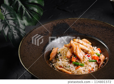 Asian chicken fried rice on elegant plate 114801372
