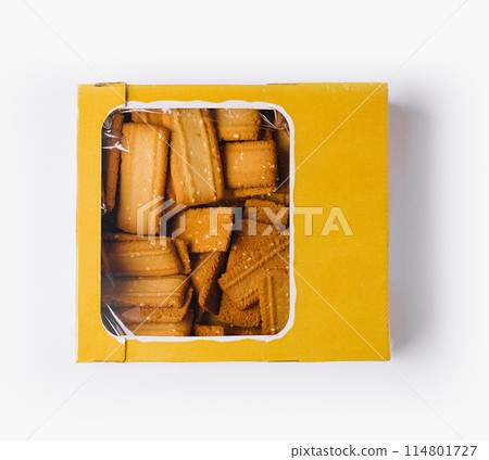 Top view of boxed butter cookies on white background 114801727