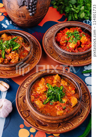 Traditional clay pot stews with herbs Traditional clay pot stews with herbs 114801733