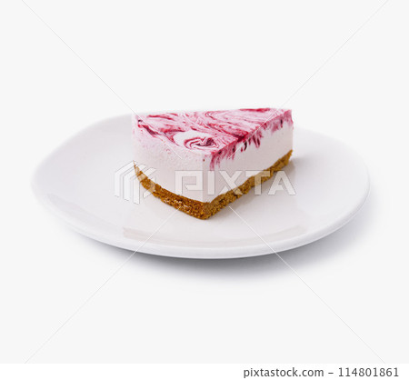 Slice of raspberry cheesecake on white plate Slice of raspberry cheesecake on white plate 114801861